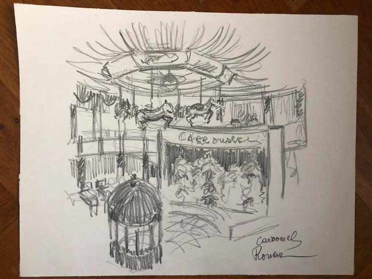Tekening van het carrousel in Rouen, Antiek en Kunst, Kunst | Tekeningen en Foto's, Ophalen of Verzenden