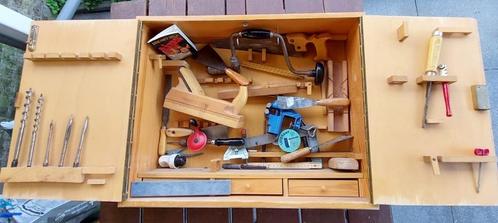 Houten gereedschapskast  met gereedschap, vintage, retro, Doe-het-zelf en Verbouw, Gereedschapskisten, Gebruikt, Gevuld, Ophalen