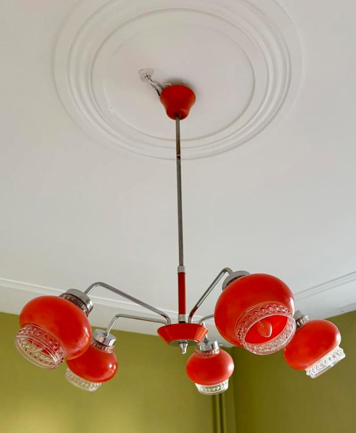 Vintage oranje hanglamp, Huis en Inrichting, Lampen | Hanglampen, Gebruikt, 75 cm of meer, Glas, Ophalen of Verzenden