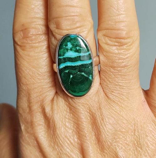 925 zilveren ring met natuurlijke Malachiet Chrysocolla, Sieraden, Tassen en Uiterlijk, Ringen, Nieuw, Dame, 18 tot 19, Groen