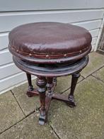 Brocante kersen houten piano kruk met lederen zitting kerst., Ophalen of Verzenden