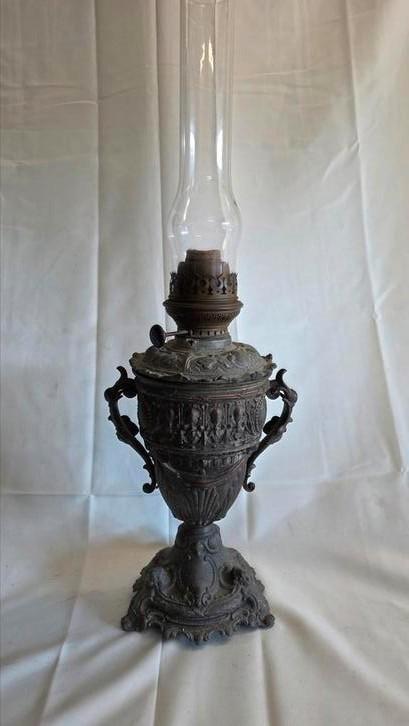 Antieke olielamp – neorococo stijl – ca. 1900 – compleet met, Antiek en Kunst, Antiek | Koper en Brons, Ophalen of Verzenden