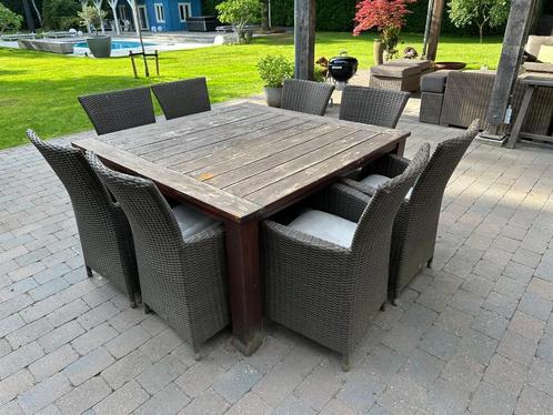 Tuintafel met 8 rotan stoelen, Tuin en Terras, Tuinsets en Loungesets, Gebruikt, Tuinset, Hout, 8 zitplaatsen, Eettafel, Stoel
