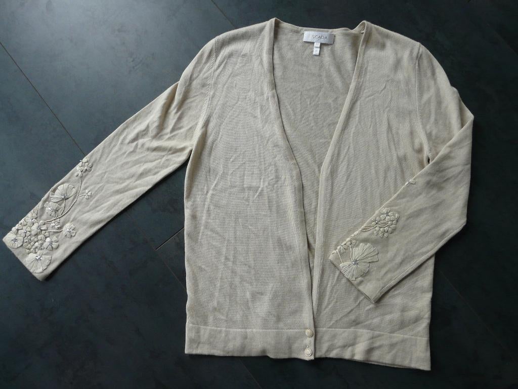 ESCADA beige zijden-kashmier vest met bloemen mt 42, Ophalen of Verzenden, Zo goed als nieuw, Maat 42/44 (L), Beige