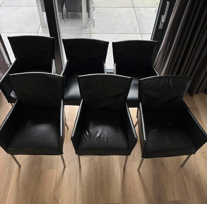 Zwarte leren eetkamerstoelen – set van 6, Huis en Inrichting, Stoelen, Gebruikt, Vijf, Zes of meer stoelen, Leer, Zwart, Ophalen