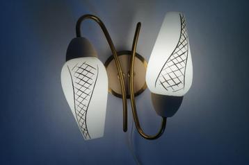 vintage wandlamp jaren 50 2x lichtpunt glas messing roze. beschikbaar voor biedingen