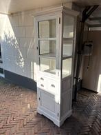 Vintage witte massief teak houten vitrinekast, Huis en Inrichting, Ophalen, Gebruikt, 200 cm of meer, Glas