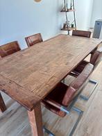Robuuste Teakhouten Eettafel met 6 Leren Stoelen, Huis en Inrichting, Ophalen, Gebruikt, 100 tot 150 cm, Vijf personen of meer