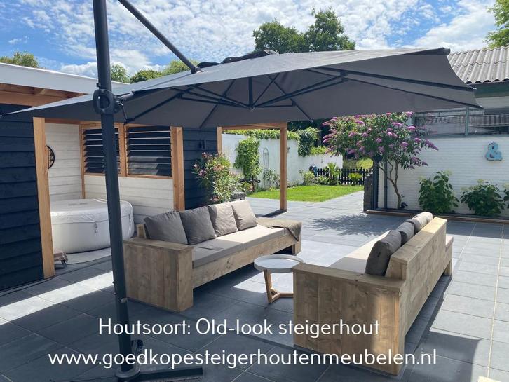 Mooie hoekbank van hout op maat, Tuin en Terras, Tuinsets en Loungesets, Nieuw, Loungeset, Hout, 6 zitplaatsen, Bank, Ophalen of Verzenden