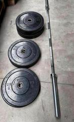 70kg Bumperplates + Olympische Barbell 220cm, 20kg, Sport en Fitness, Ophalen, Gebruikt, Halterschijven