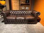 Chesterfield 3-zits Bank Antiekbruin Leer, Gebruikt, Driepersoons, Rechte bank, 200 tot 250 cm