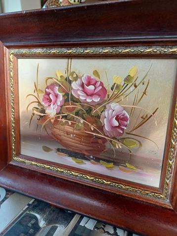Franse Brocante Schilderij rozen bloemen mand houten lijst beschikbaar voor biedingen