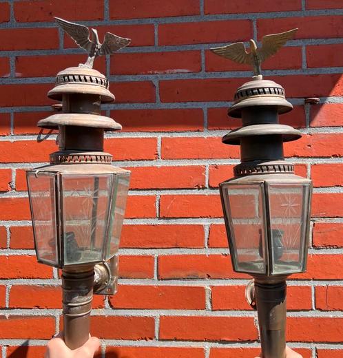 Twee mooie koetslampen met gegraveerd glas, Tuin en Terras, Buitenverlichting, Zo goed als nieuw, Ophalen of Verzenden