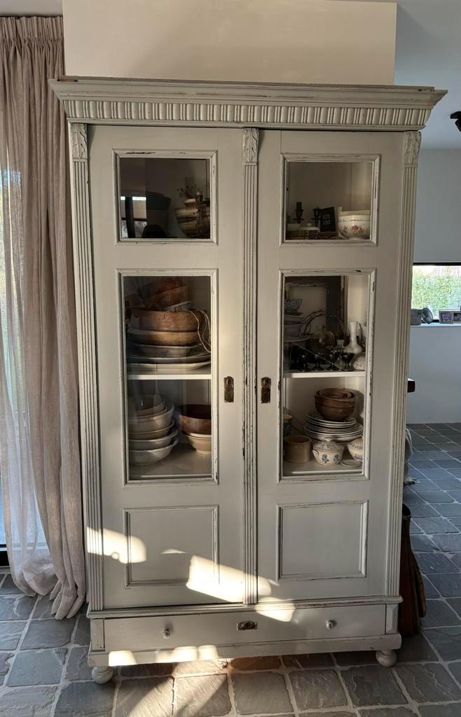 Brocante landelijke vitrinekast, Huis en Inrichting, Kasten | Vitrinekasten, Gebruikt, 200 cm of meer, 100 tot 150 cm, 25 tot 50 cm
