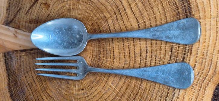 Lepel en 2 vorken Christofle verzilverd met inscriptie, Antiek en Kunst, Antiek | Bestek, Ophalen of Verzenden