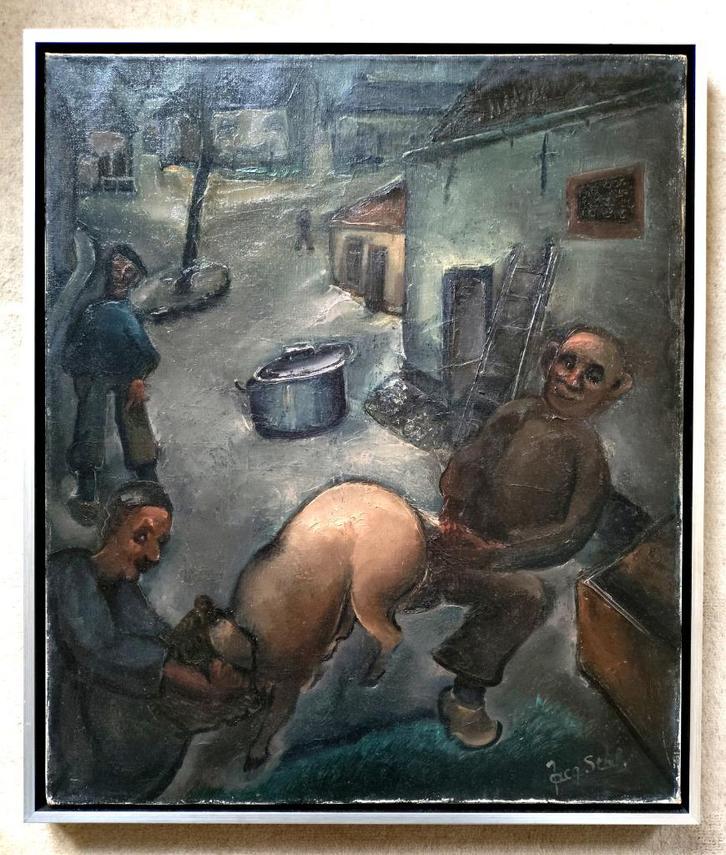 == Het weerbarstige varken = c a 1940 === GESIGNEERD ==, Antiek en Kunst, Kunst | Schilderijen | Klassiek, Ophalen of Verzenden