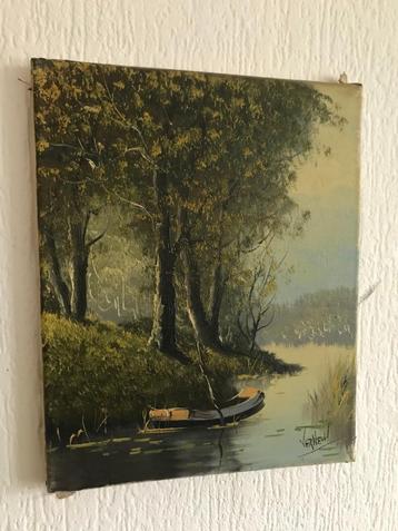 Leuk oud schilderijtje bootje aan de waterkant Verheul  beschikbaar voor biedingen