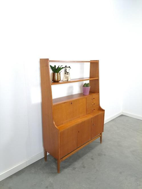 Teak fineer kast uit Zweden met klep en lades, Huis en Inrichting, Kasten | Wandmeubels, Gebruikt, 150 tot 200 cm, Minder dan 150 cm