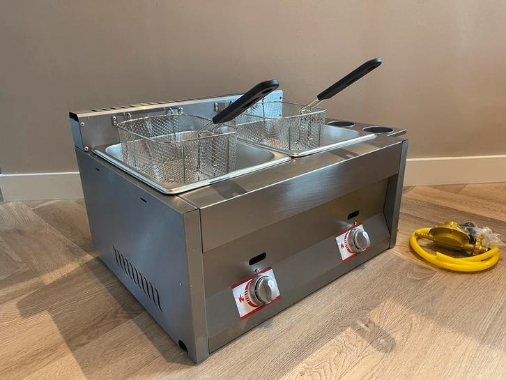 Rvs Butaan/propaangas friteuse 2x6L Camping/ markt/ kermis, Witgoed en Apparatuur, Frituurpannen, Nieuw, 4 liter of meer, Ophalen of Verzenden