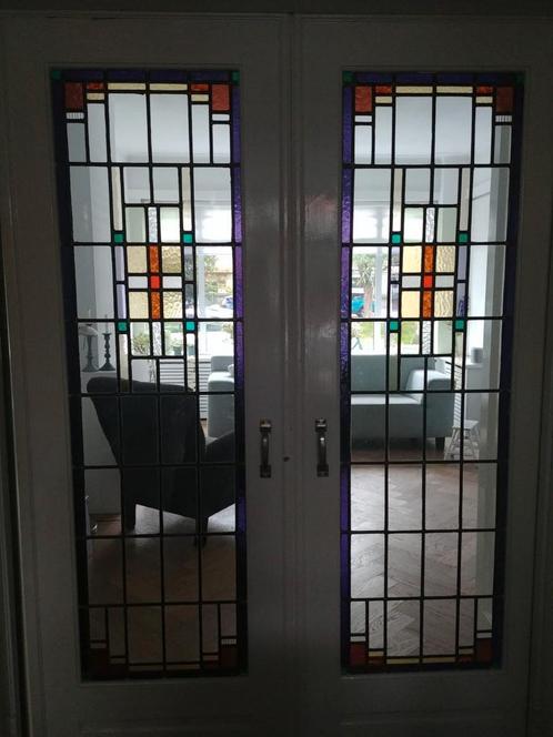 Glas in lood schuifdeuren ensuite uit jaren '30, Doe-het-zelf en Verbouw, Deuren en Horren, Zo goed als nieuw, Binnendeur, 200 tot 215 cm