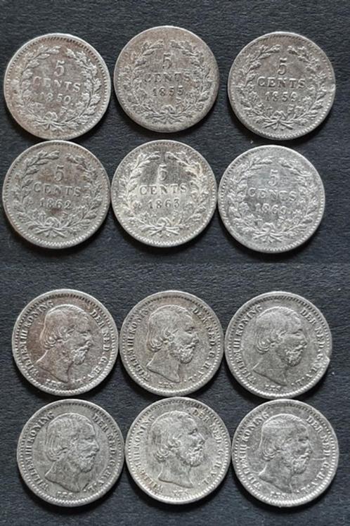 6 X 5 cent Willem III , Postzegels en Munten, Munten | Nederland, 5 cent, Koning Willem III, Zilver, Verzenden