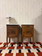 Vintage set nachtkastjes marmer blad eikenhout antiek, Minder dan 45 cm, Vintage, Vintage, Zo goed als nieuw