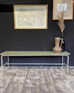 Vintage groen bankje, eettafel bankje met metalen poten, Ophalen