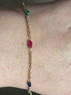 Fijn 9 karaat geelgouden armband met saffier robijn smaragd, Ophalen of Verzenden, Zo goed als nieuw, Goud