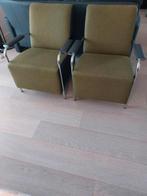 2 Fauteuils, groene stof met grijs leer en stalen frame, Huis en Inrichting, Fauteuils, Ophalen, Gebruikt, Metaal