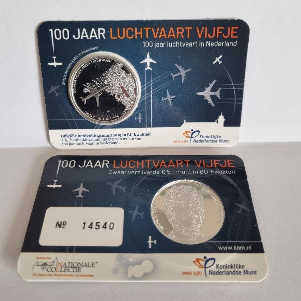 Coincard 2019 - 100 jaar Luchtvaart Vijfje – BU kwaliteit, Ophalen of Verzenden, Koningin Beatrix, Euro's