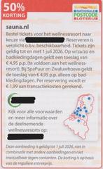 Sauna. 50% korting. Postcodeloterij kortingsbon., Drie personen of meer, Kortingsbon, Spa of Sauna