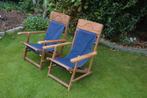 2 teakhouten stoelen met houtsnijwerk in de rug/ deckchairs, Huis en Inrichting, Stoelen, Hout, Gebruikt, Twee, Bruin