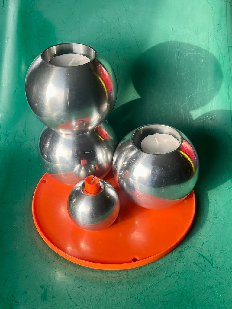 Vintage IKEA kandelaren set space age bollen chrome Nässjö, Gebruikt, Overige kleuren, Ophalen of Verzenden, Metaal