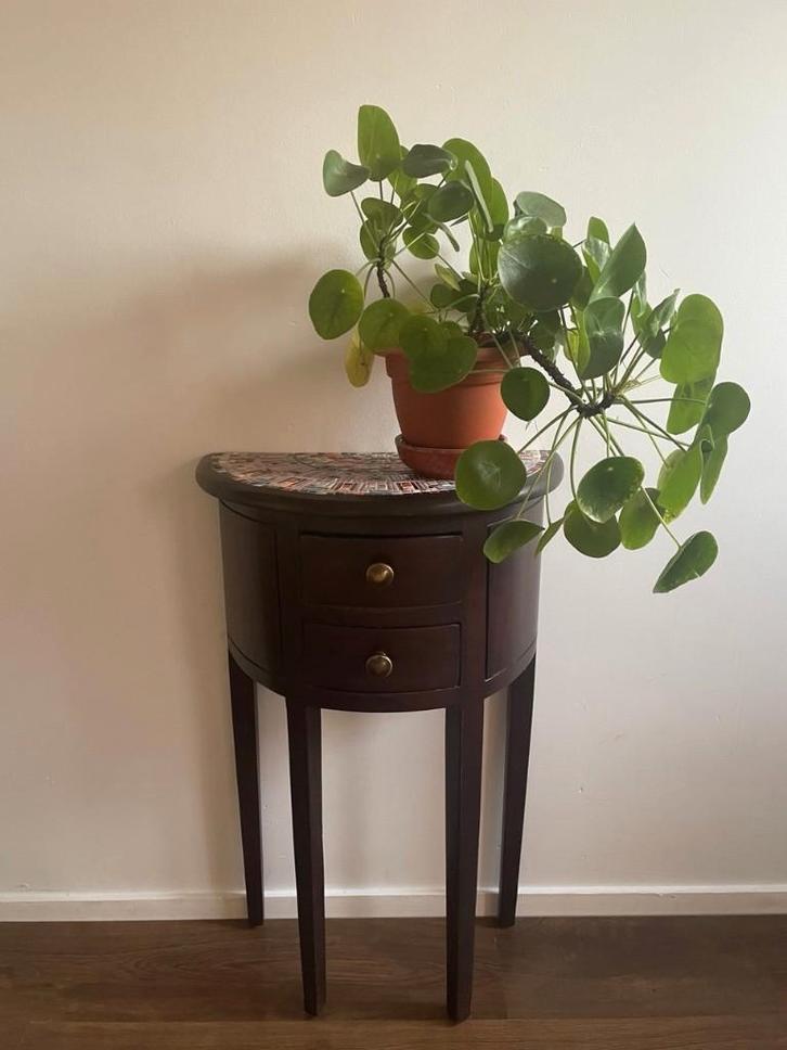 Bijzet tafel hoog hout mozaïek planten standaard, Huis en Inrichting, Tafels | Bijzettafels, Gebruikt, Rond, 60 cm of meer, Minder dan 55 cm