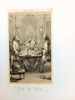 Oude gravure van een kaartspel tussen een dame en twee heren, Antiek en Kunst, Ophalen of Verzenden