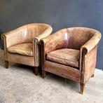 set van 2 gerestaureerde vintage Engelse leren Clubfauteuils, Ophalen, Gebruikt, Minder dan 75 cm, Leer