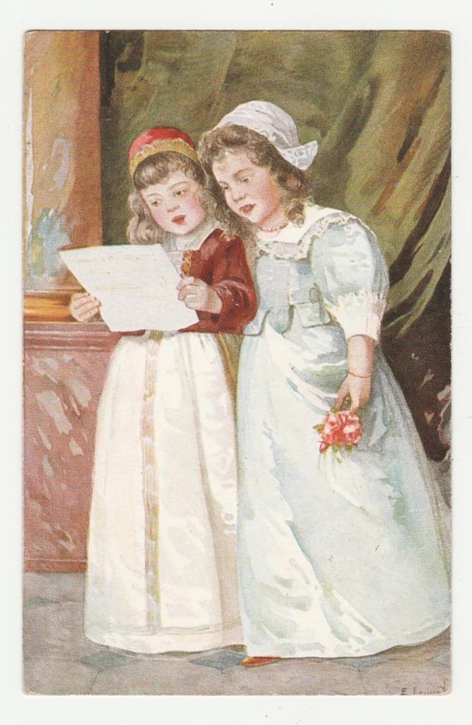 Meisjes met brief.  Illustrateurs.  Zeer oude kaart., Verzamelen, Ansichtkaarten | Themakaarten, Ongelopen, Voor 1920, Overige thema's