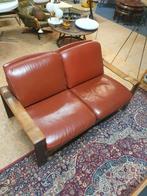 Vintage leren en eikenhouten 2-zits bank  1960, Ophalen, Gebruikt, 75 tot 100 cm, Tweepersoons