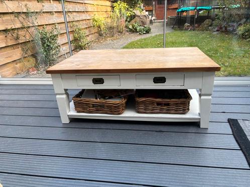 Landelijk teakhout met witte salontafel 110x70, Huis en Inrichting, Tafels | Salontafels, Gebruikt, Minder dan 50 cm, 50 tot 100 cm