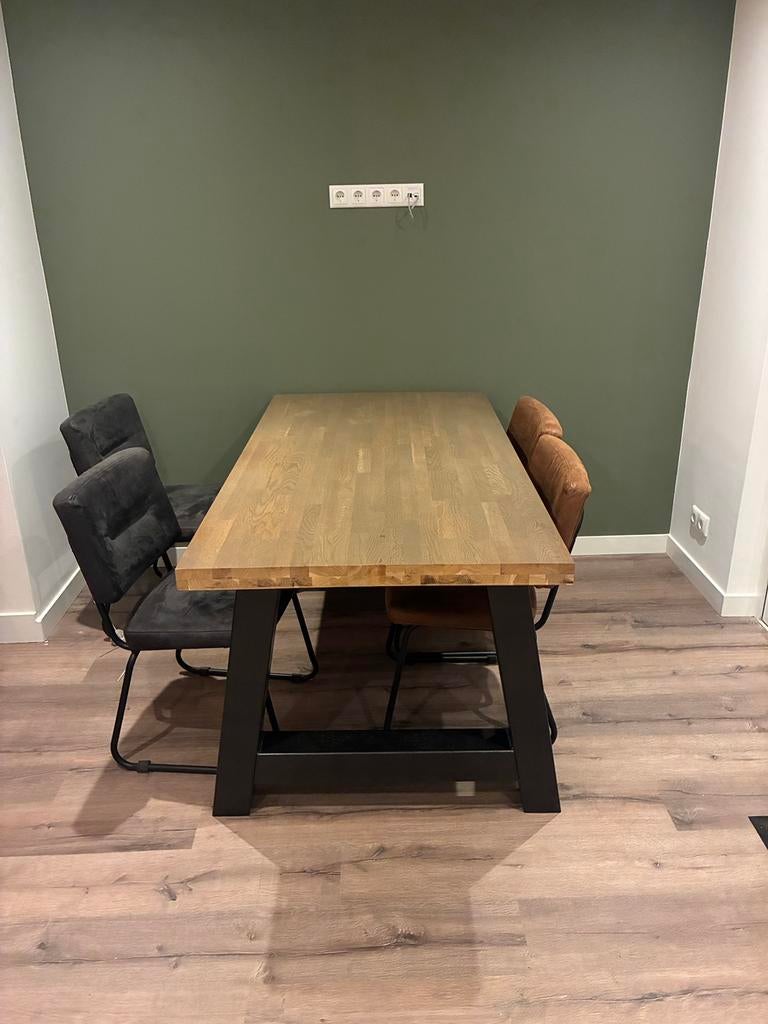 Eettafel met massief houten blad, Huis en Inrichting, Tafels | Eettafels, 200 cm of meer, Zo goed als nieuw, Rechthoekig, 50 tot 100 cm