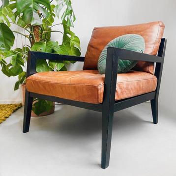 Vintage Deens design fauteuil nubuck leer leder bruin hout