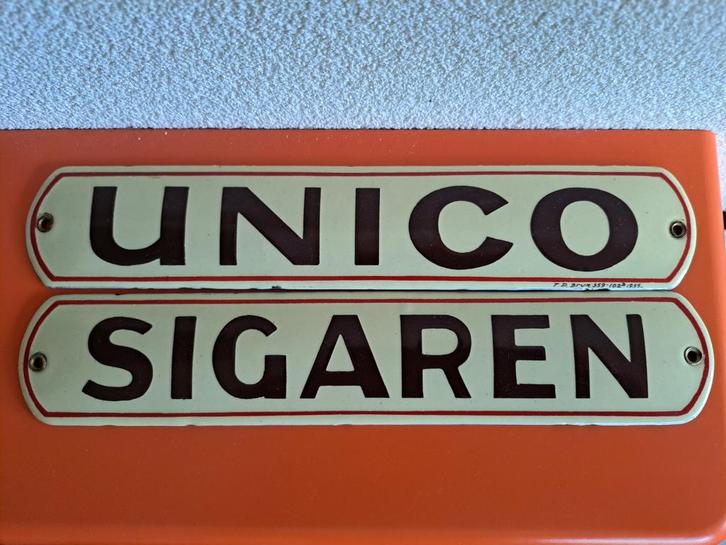 SETJE EMAILLE RECLAME DEURPOSTJES"UNICO SIGAREN"UIT 1935, Verzamelen, Merken en Reclamevoorwerpen, Gebruikt, Reclamebord, Ophalen of Verzenden