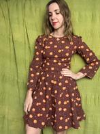 Vintage jurkje - 70s - print - bruin - oranje - XS / 34, Bruin, Ophalen of Verzenden, Vintage, Maat 34 (XS) of kleiner