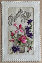 fr 1925 geborduurd gouden mand bloemen roos viooltjes, Verzamelen, Ansichtkaarten | Themakaarten, Verzenden, 1920 tot 1940, Gelopen