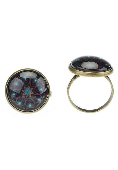 Betoverende Mandala Ring met Bruin en Blauw Glasdesign, Sieraden, Tassen en Uiterlijk, Edelstenen, Nieuw, Ophalen of Verzenden