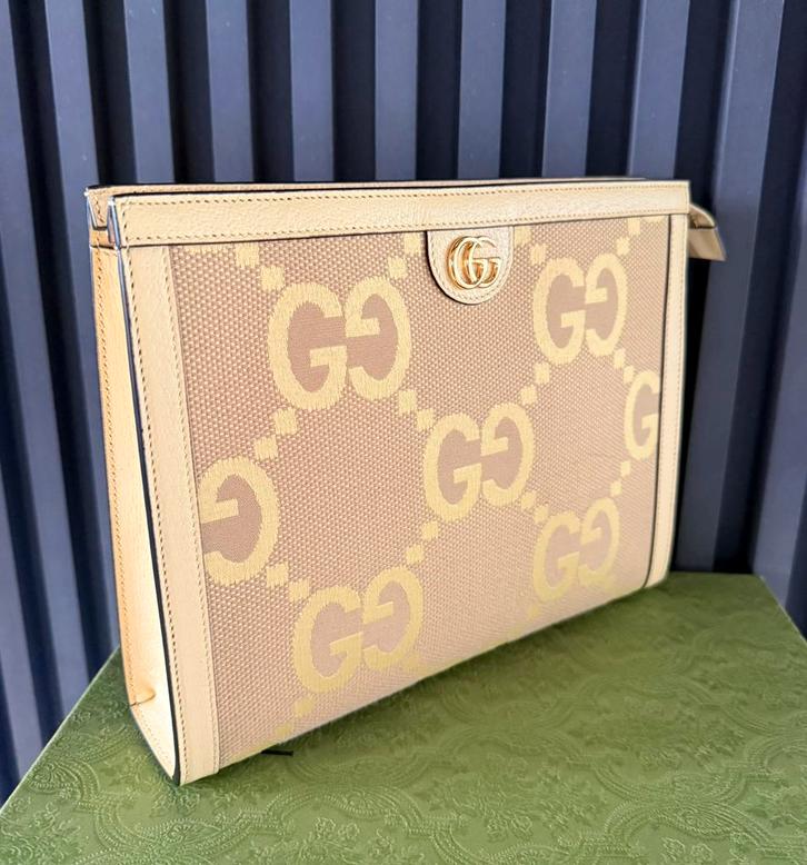 GUCCI NEW Ophidia Large Pouch - Clutch Beige & banana yellow, Sieraden, Tassen en Uiterlijk, Tassen | Damestassen, Nieuw, Avondtasje