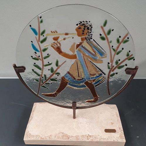 Decoratieve Glazen Plaat met Fluitspeler, Antiek en Kunst, Antiek | Woonaccessoires, Ophalen