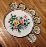 Vintage Dienblad glas met Onderzetters Bloemenmotief, Antiek en Kunst, Ophalen of Verzenden