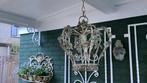 Smeedijzren kroon hanglamp met blauwe roosjes, Ophalen of Verzenden, Minder dan 50 cm