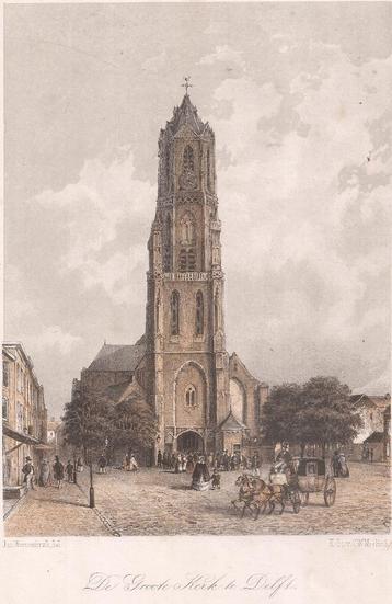 De Groote Kerk te Delft Litho Jan Weissenbruch ca. 1850 beschikbaar voor biedingen